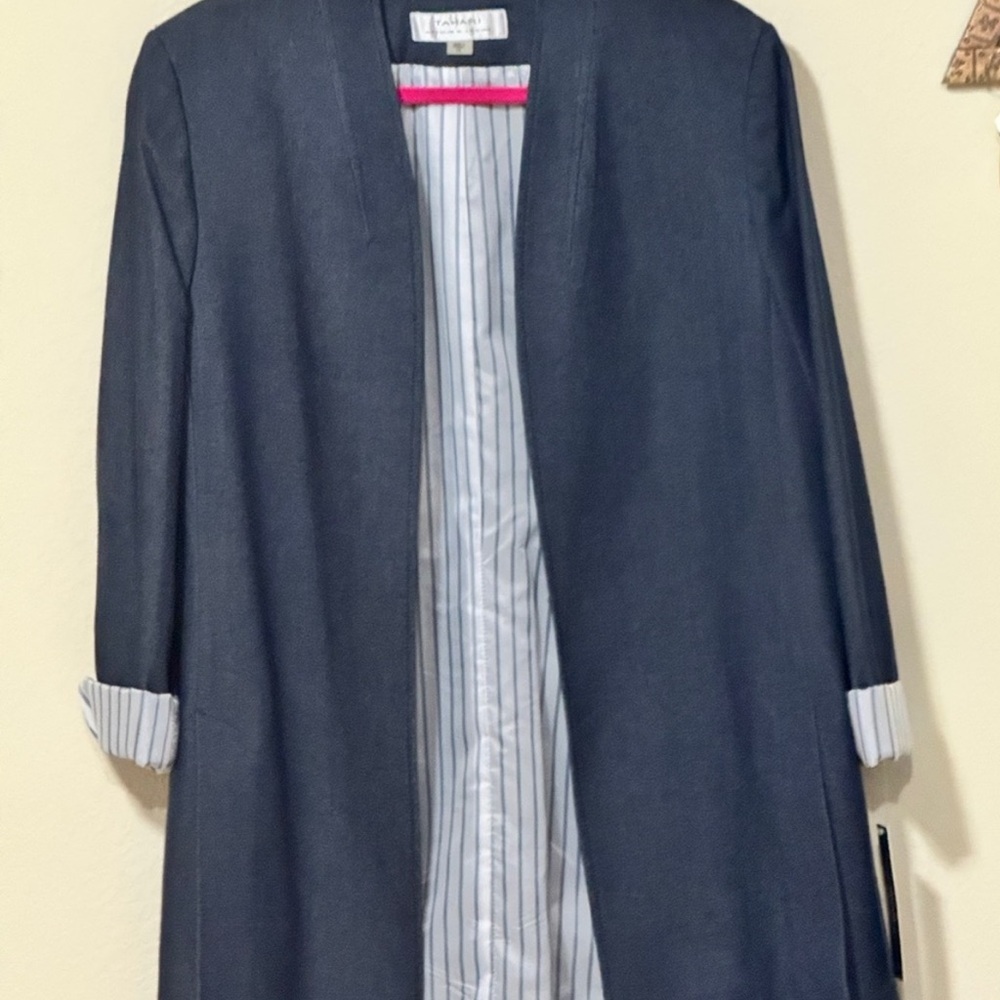 Elegant Sophisticated Navy Women's Tahari Coat Striped Satin Lining Size 14 - Picture 4 of 7